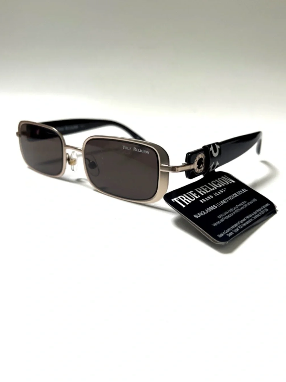 New TRUE RELIGION Slim Matte Gold Sunglasses Rectangle Logo Black Acetate
